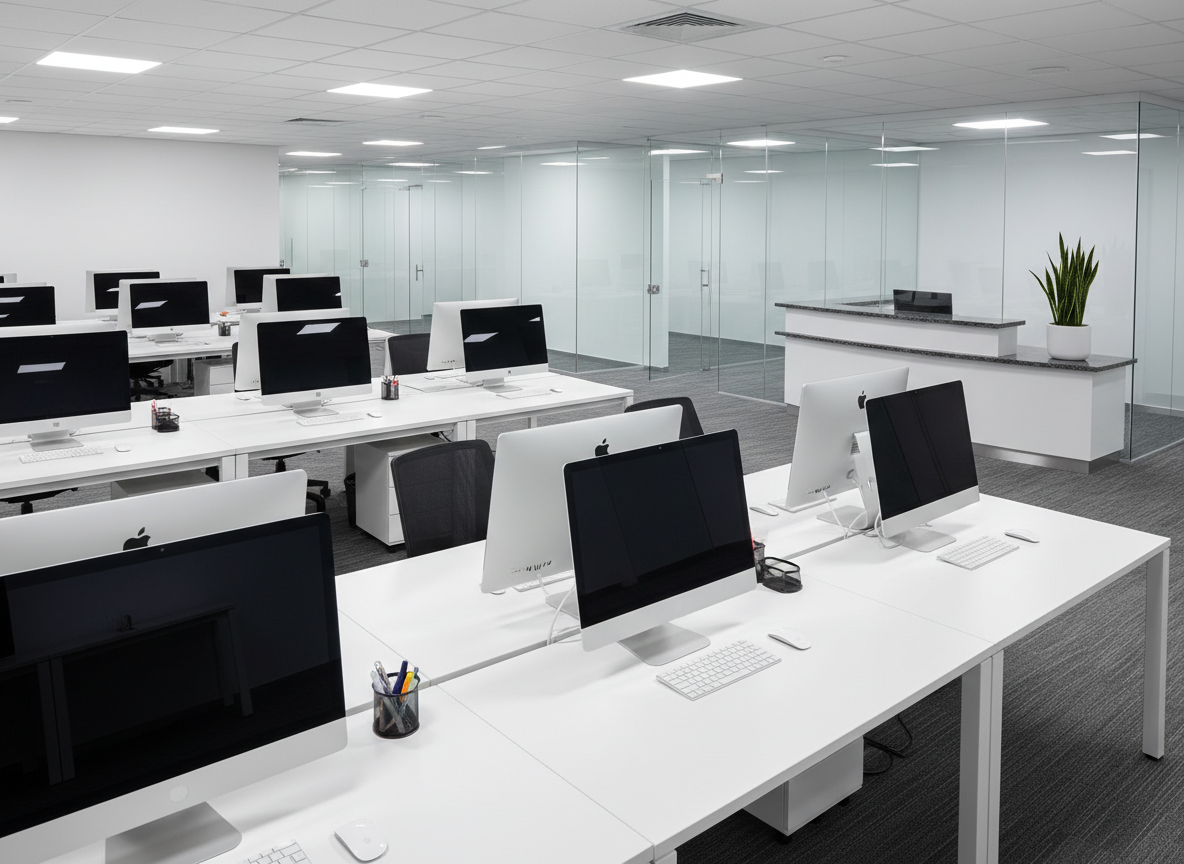 A meticulously organized modern office workspace after professional cleaning, featuring spotless white desks, gleaming computer monitors, and neatly arranged stationery. The carpet is freshly vacuumed with visible tidy lines, and the glass partitions are crystal clear without a single fingerprint. Soft, cool-white overhead LED lighting creates even illumination, revealing every polished surface. In the background, a reception counter with a perfectly sanitized granite top and a small green indoor plant adds a touch of freshness. Captured at eye level with photographic realism and sharp focus throughout, the composition uses clean lines and a slight wide-angle to emphasize spaciousness. The mood is professional, hygienic, and ready for business, conveying a consistently spotless and productive work environment.